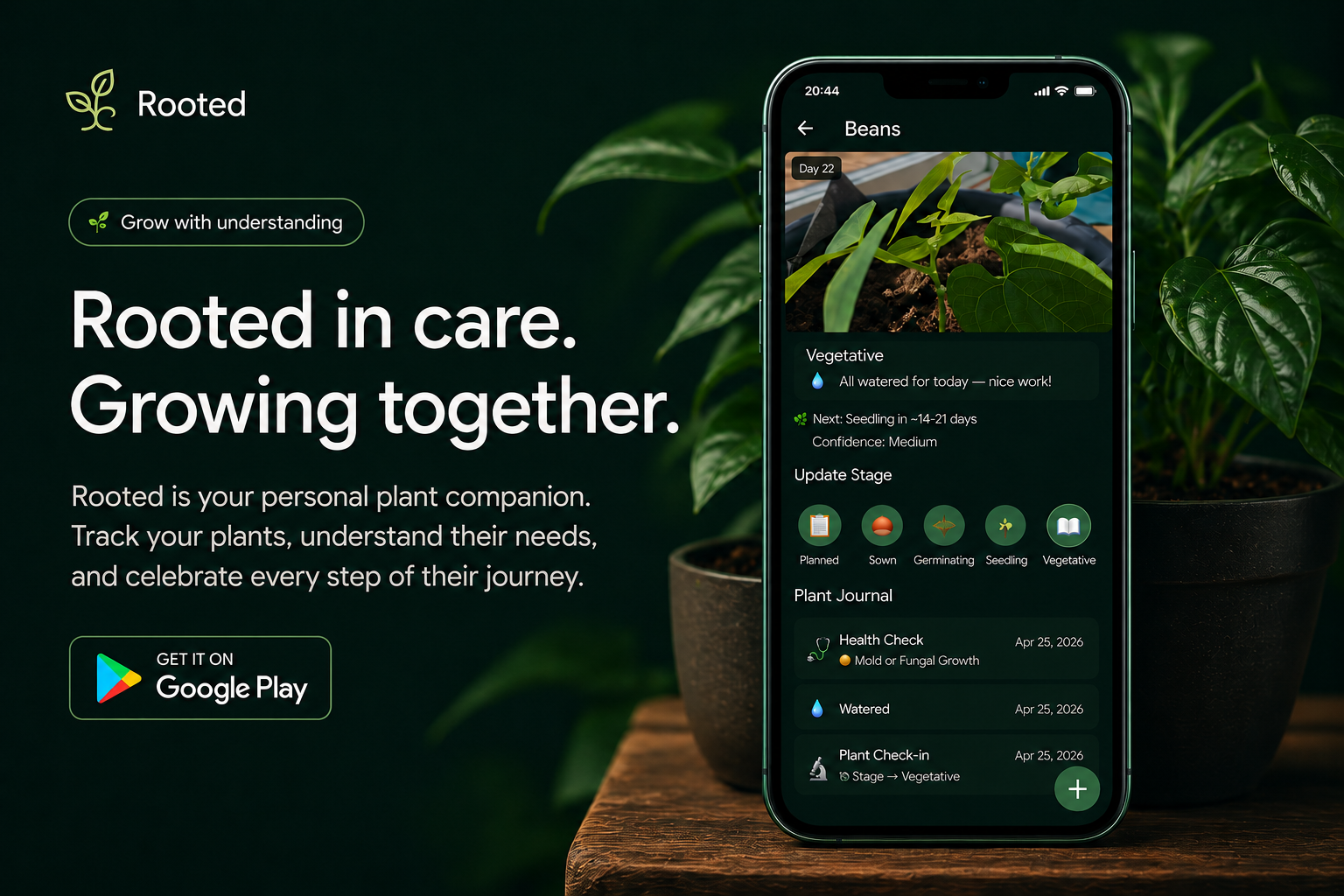 Rooted app — Rooted in care. Growing together. Track your plants with AI-powered insights.